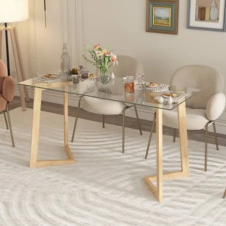 140cm Glass Desk Home Office Desk with Wooden Frame Legs, Writing Desk Computer ...