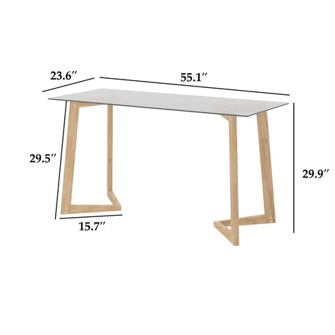 140cm Glass Desk Home Office Desk with Wooden Frame Legs, Writing Desk Computer ...