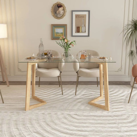 140cm Glass Desk Home Office Desk with Wooden Frame Legs, Writing Desk Computer ...