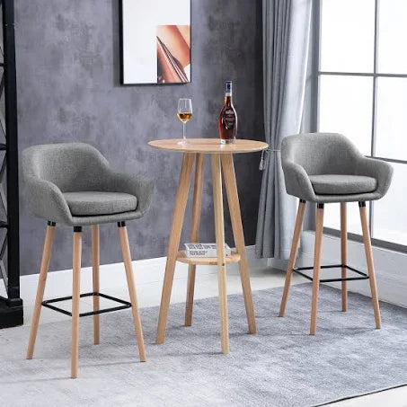 HOMCOM 2 Pcs Bar Stools Upholstered Bucket Seat W/ Wood Legs, Grey