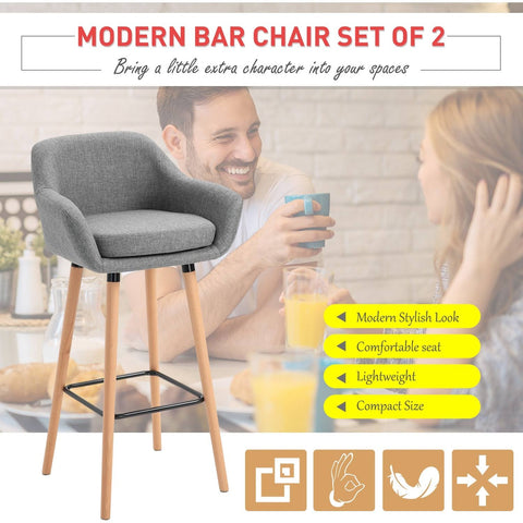 HOMCOM 2 Pcs Bar Stools Upholstered Bucket Seat W/ Wood Legs, Grey