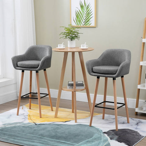 HOMCOM 2 Pcs Bar Stools Upholstered Bucket Seat W/ Wood Legs, Grey