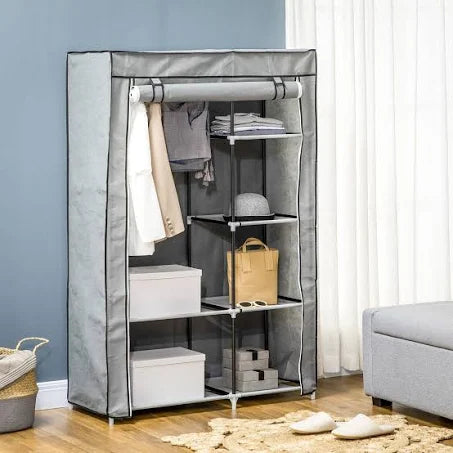 HOMCOM - Fabric Wardrobe Portable Wardrobe with 6 Shelves 1 Hanging Rail - Light Grey