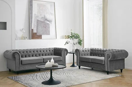 Chesterfield Pleat Velvet Fabric 2+3 Seater Sofa Set, Grey Velvet