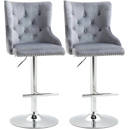 HOMCOM - Modern Swivel Bar Stools Set of 2 Adjustable Velvet Bar Chairs - Grey