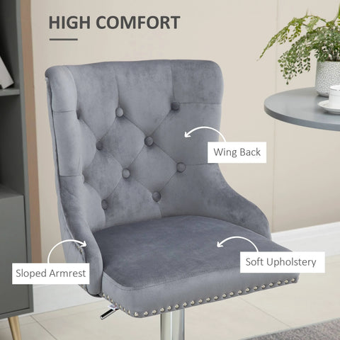 HOMCOM - Modern Swivel Bar Stools Set of 2 Adjustable Velvet Bar Chairs - Grey