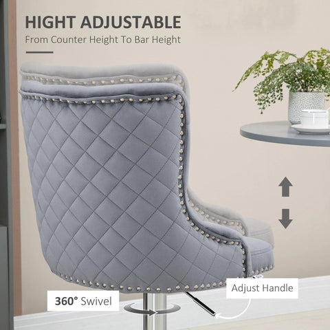 HOMCOM - Modern Swivel Bar Stools Set of 2 Adjustable Velvet Bar Chairs - Grey