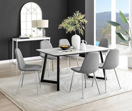 Furniture Box Carson White Marble Effect Dining Table and 6 Grey Corona Silver Chairs