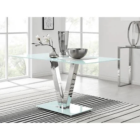 Florini White Glass and Metal V Dining Table - White - FurnitureboxUK