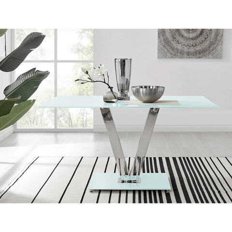 Florini White Glass and Metal V Dining Table - White - FurnitureboxUK