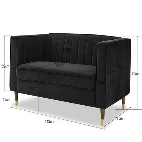 Thom 2 Seater Velvet Sofa With Metal Tipped Legs - Black Velvet