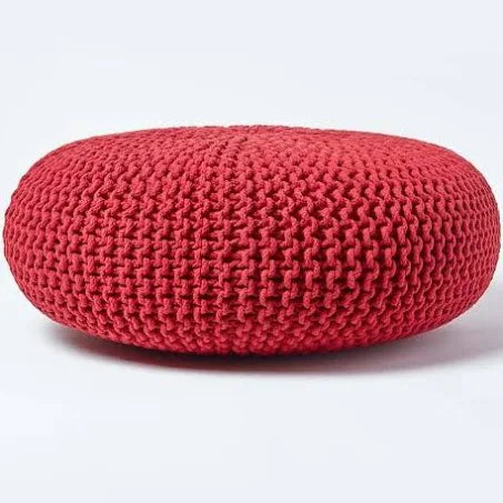 Homescapes - Large Round Cotton Knitted Pouffe Footstool - Red
