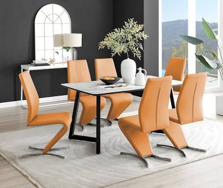 Furniture Box Carson White Marble Effect Dining Table and 6 Mustard Willow Chairs