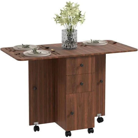 HOMCOM Multi-Storage Six-Person Drop Leaf Dining Table - Distressed Brown