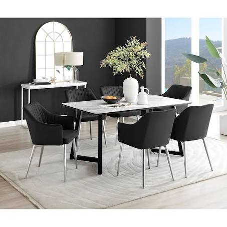 Furniture Box Carson White Marble Effect Dining Table and 6 Black Calla Silver ...
