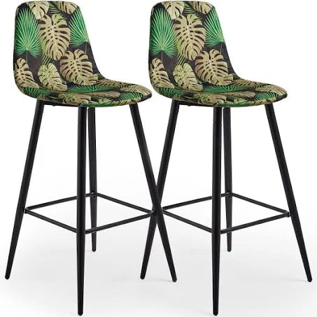 VonHaus - Tropical Palm Print Set of 2 Velvet Cushioned Bar Stools - Black