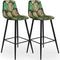 VonHaus - Tropical Palm Print Set of 2 Velvet Cushioned Bar Stools - Black