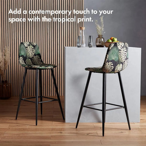 VonHaus - Tropical Palm Print Set of 2 Velvet Cushioned Bar Stools - Black