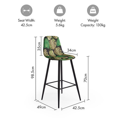 VonHaus - Tropical Palm Print Set of 2 Velvet Cushioned Bar Stools - Black