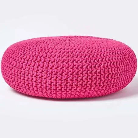 Homescapes - Large Round Cotton Knitted Pouffe Footstool - Pink