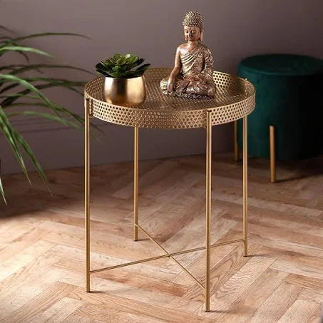 IFJA Round Side Table Gold End Table Metal Tray Snack Coffee Tea Table