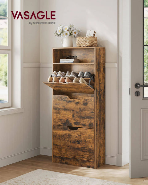 VASAGLE 4-Tier Shoe Cabinet with Removable Divider Rustic Brown