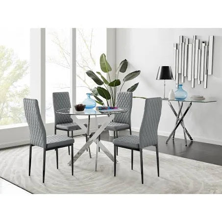Novara 100cm Round Dining Table and 4 Milan Black Leg Chairs - Grey