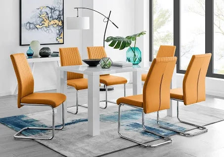 Pivero White High Gloss Kitchen Dining Table And 6 Faux Leather