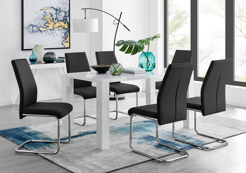 Pivero White High Gloss Kitchen Dining Table And 6 Faux Leather