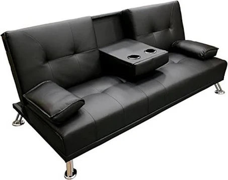 Humza Amani (Black) Cinema Faux Leather Sofa Bed with Cup Holders