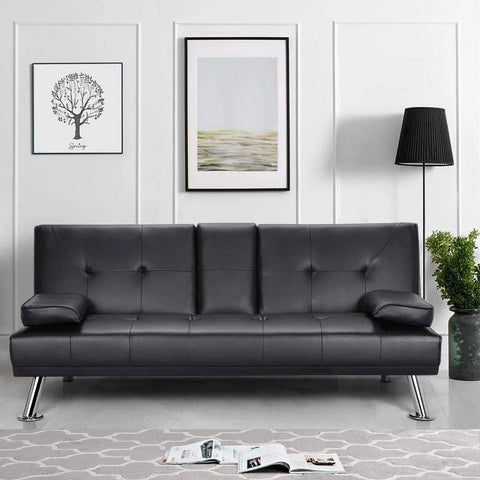 Humza Amani (Black) Cinema Faux Leather Sofa Bed with Cup Holders