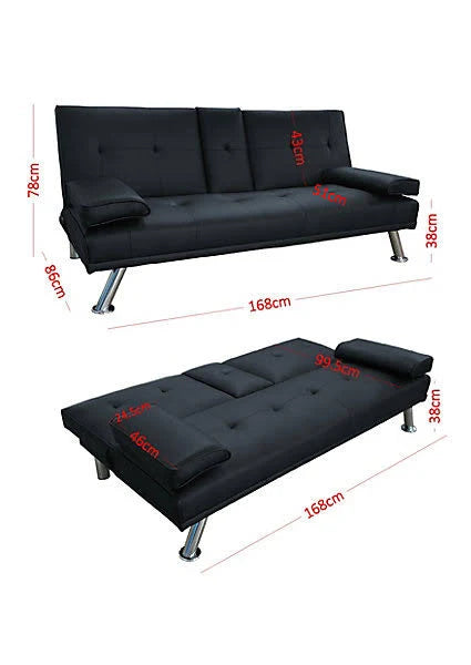 Humza Amani (Black) Cinema Faux Leather Sofa Bed with Cup Holders