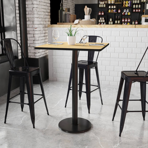 30'' Square Natural Laminate Table Top with 18'' Round Bar Height Table Base ...