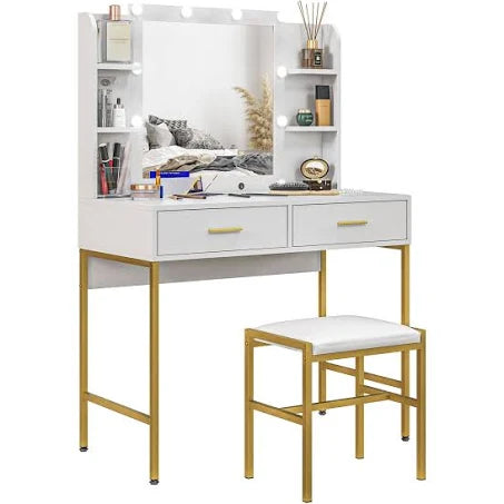 HOMCOM - Makeup Vanity Desk Set with Lighted Mirror, Stool, Drawers, White