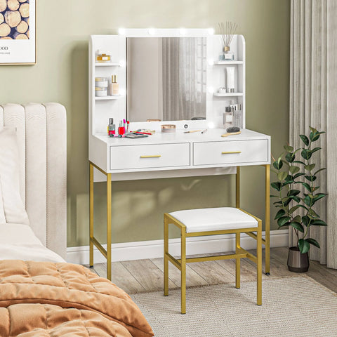 HOMCOM - Makeup Vanity Desk Set with Lighted Mirror, Stool, Drawers, White
