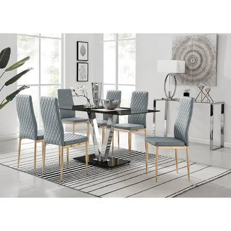 Florini V Black Dining Table and 6 Gold Leg Milan Chairs - Grey