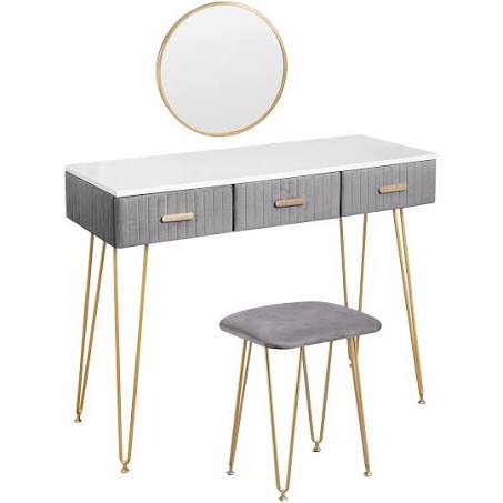 WOLTU Modern Dressing Table Makeup Desk Mirror 3 Drawer Stool Vanity Set Bedroom