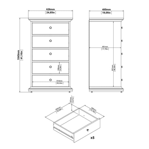 Paris 5 Drawers Chest in White