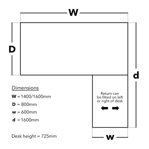 Adapt Desk 1600mm x 800mm with 800mm Return Desk - Black Frame, Beech