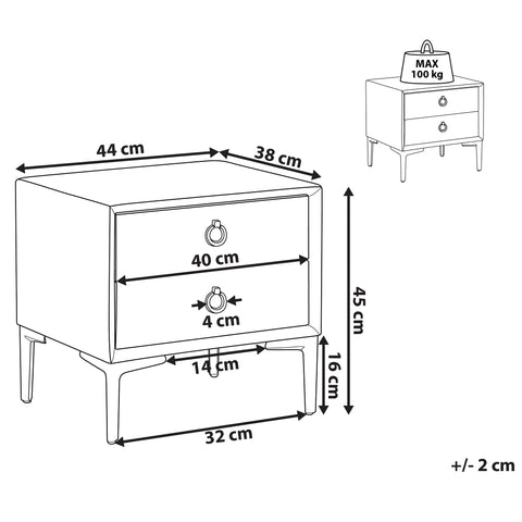 Beliani Bedside Table Blue Velvet Black Metal Legs with 2 Storage Drawers 44X 38 ...