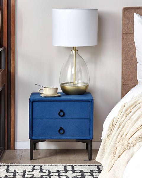 Beliani Bedside Table Blue Velvet Black Metal Legs with 2 Storage Drawers 44X 38 ...