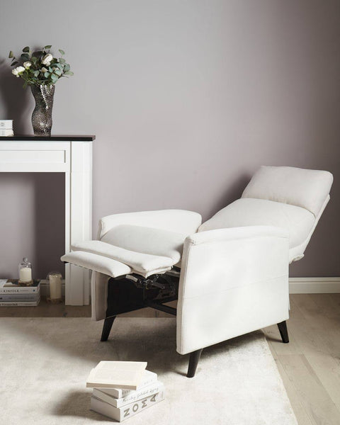Recliner Chair White Fabric Upholstery Push-Back Manually Adjustable Back and ...
