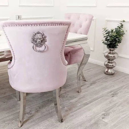 Megan Pale Pink Velvet Dining Chair with Chrome Lion Knocker