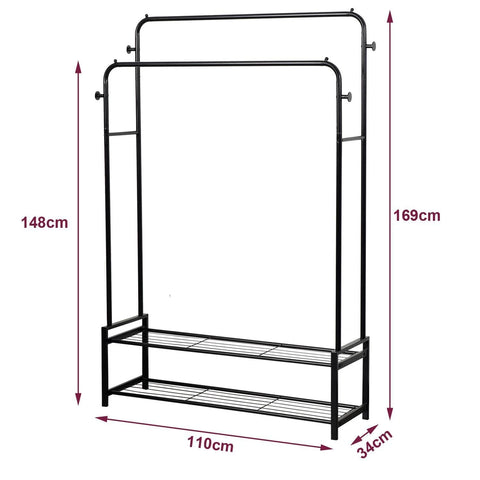 House of Home - Double Clothes Rail Freestanding Heavy Duty Rack 2 Shoe Racks Hat ...