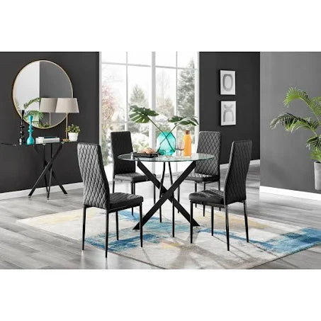 Furniture Box Novara Black Leg Round Glass Dining Table and 4 Black Milan Black ...