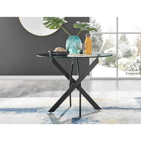 Furniture Box Novara Black Leg Round Glass Dining Table and 4 Black Milan Black ...
