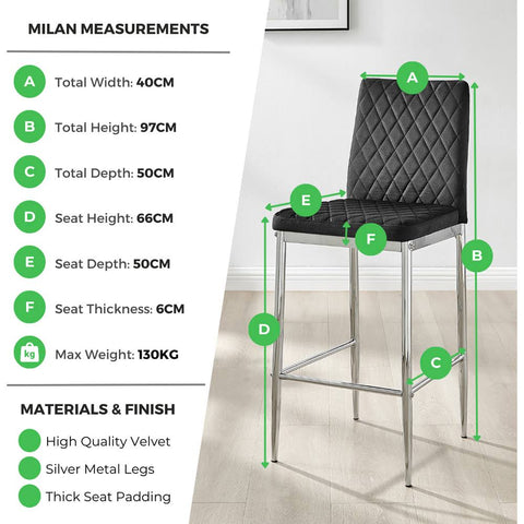 Furniture Box 2x Milan Kitchen Bar Stools Cream Velvet Silver