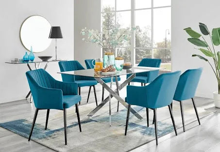 Furniturebox Tavolo Calla 6 Seater Dining Set Glass Chrome and Blue