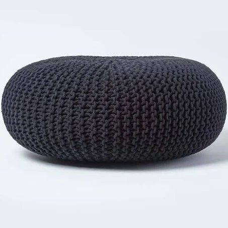 Homescapes - Large Round Cotton Knitted Pouffe Footstool - Black