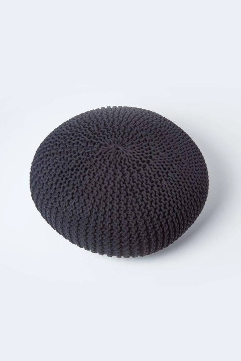Homescapes - Large Round Cotton Knitted Pouffe Footstool - Black